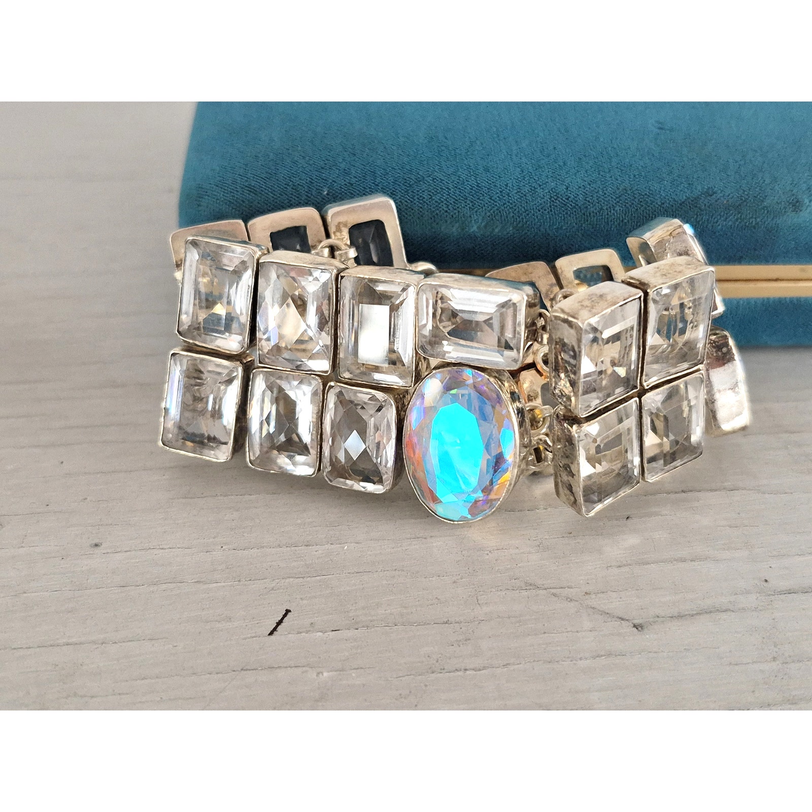 Vintage Chunky Heavy Silver-Plated Crystal And Ab Bracelet